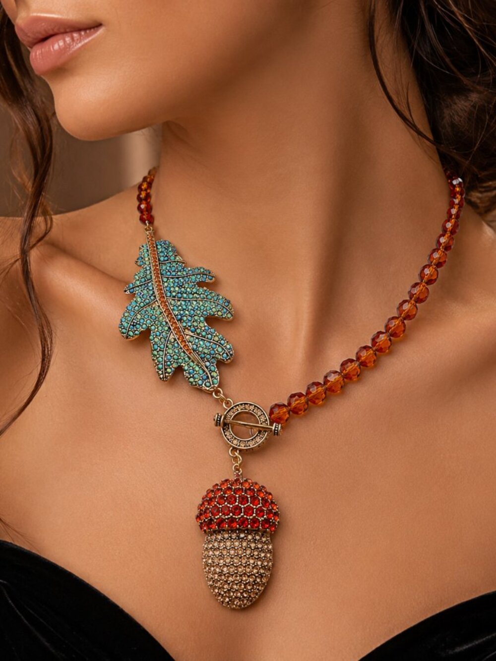 Gold Tone Rhinestone Acorn & Leaf Statement Necklace 18K Gold Plated
